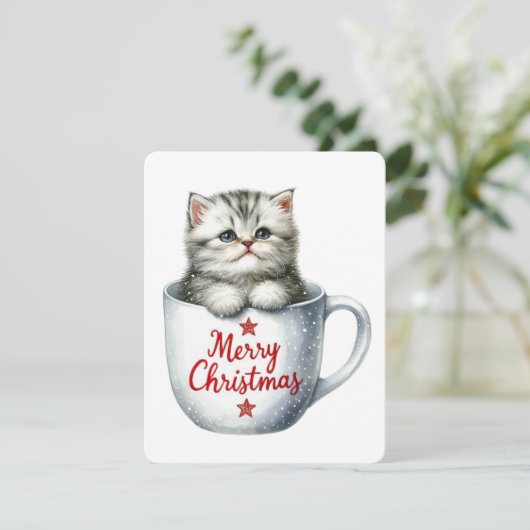 Prettig Kerstmis Kat In Een Kop - Kerstmis Feestdagenkaart (Staand voorkant)