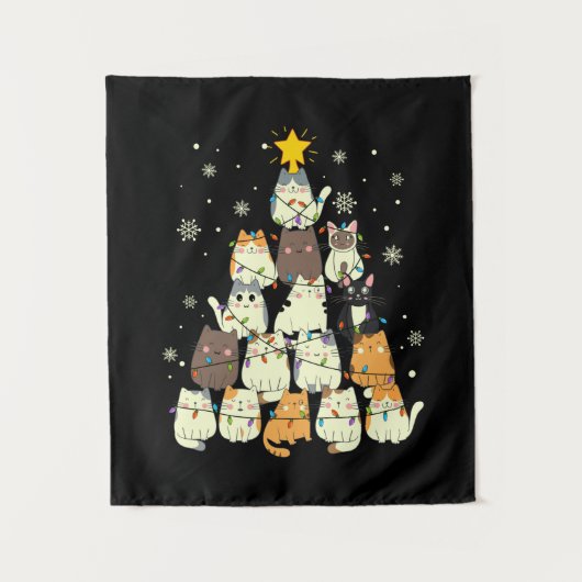 Prettig Kerstmis Kat Kerstboom Wandkleed (Voorkant)