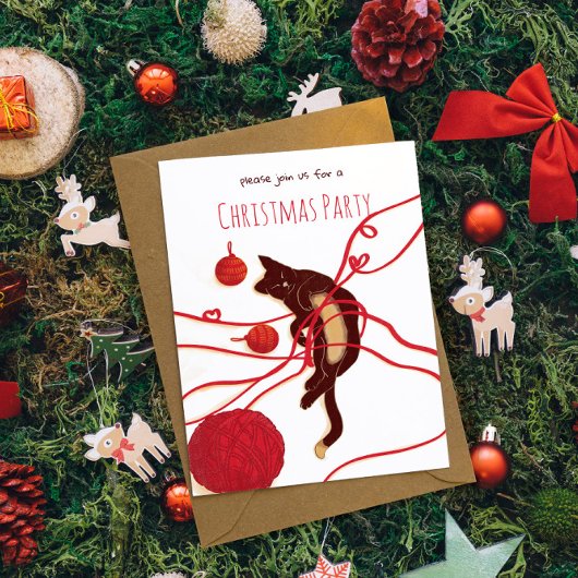 Prettig Kerstmis Kat- Speelse Kat met Rode Lintjes Kaart