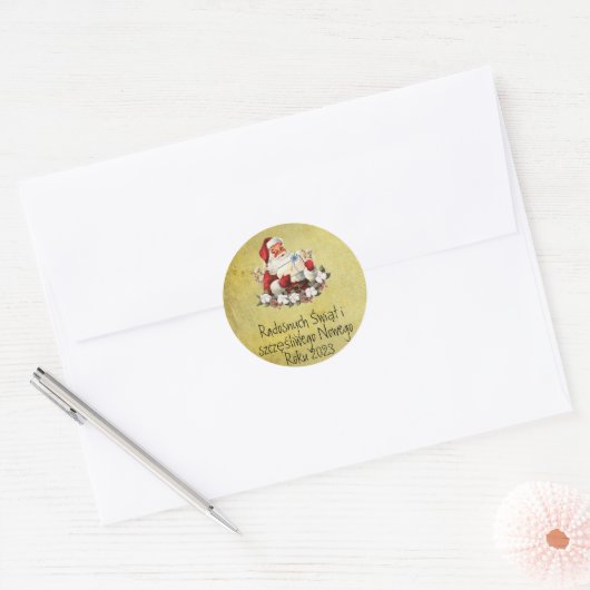 Prettig Kerstmis Kerstdag Kaart Pools Kerstman Ronde Sticker (Envelop)