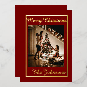 Prettig Kerstmis Maroon Goud Eenvoudig Modern Foto Folie Feestdagenkaart