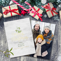 Prettig Kerstmis Mistletoe Rustiek Hout Foto Goud
