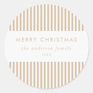 Prettig Kerstmis Modern Beige Strepen Ronde Sticker
