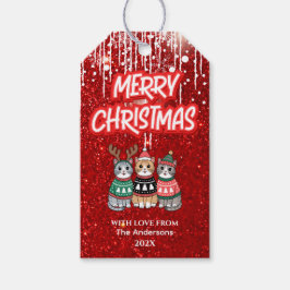 Prettig Kerstmis Moderne Rode Moppige Katten Cadeaulabel