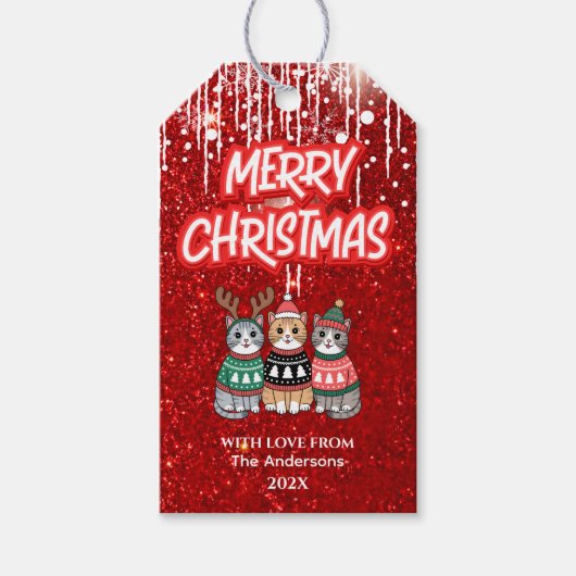 Prettig Kerstmis Moderne Rode Moppige Katten Cadeaulabel (Voorkant)