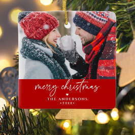 Prettig Kerstmis Naam van gezin/koppel 2-foto Keramisch Ornament