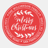 Prettig Kerstmis Retouradres Helderrood Ronde Sticker (Voorkant)