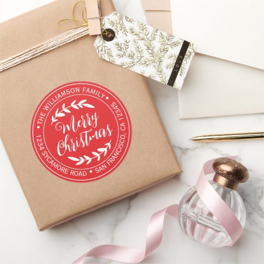 Prettig Kerstmis Retouradres Helderrood Ronde Sticker (Geschenken)