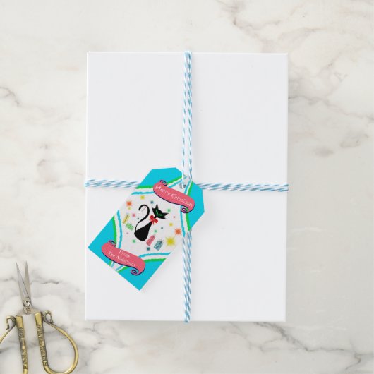 Prettig Kerstmis Retro Siamese Kat Naam Cadeaulabel (Met Touw)