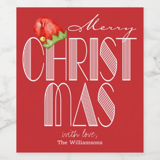 Prettig Kerstmis Retro Typografie Rood Wijn Etiket (Enkel label)