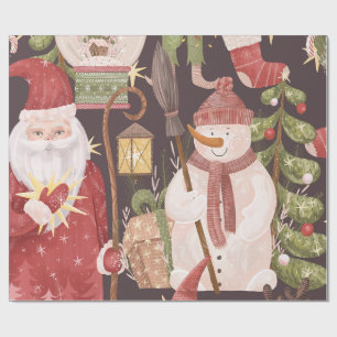 Prettig Kerstmis Retro Vintage Kerstman  Cadeaupapier