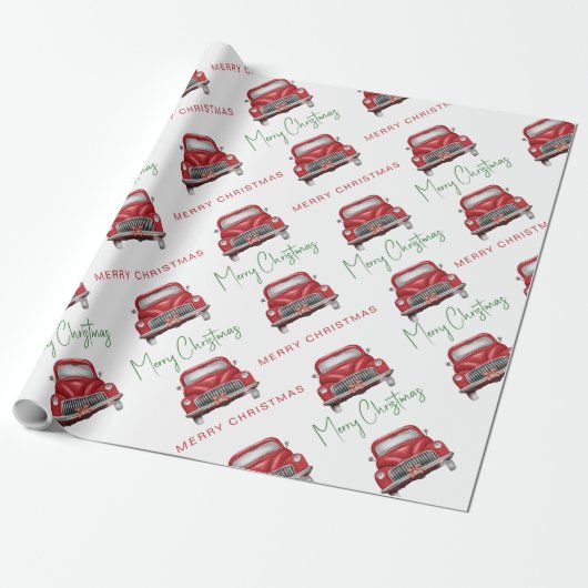 Prettig Kerstmis Rode Auto Patroon Script Cadeaupapier (Uitgerold)