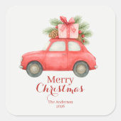 Prettig Kerstmis Rode Auto – Persoonlijke Kerst Vierkante Sticker (Voorkant)