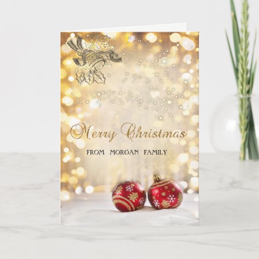 Prettig Kerstmis,Rode Kerstballen,Bel,Bokeh Feestdagen Kaart (Voorkant)