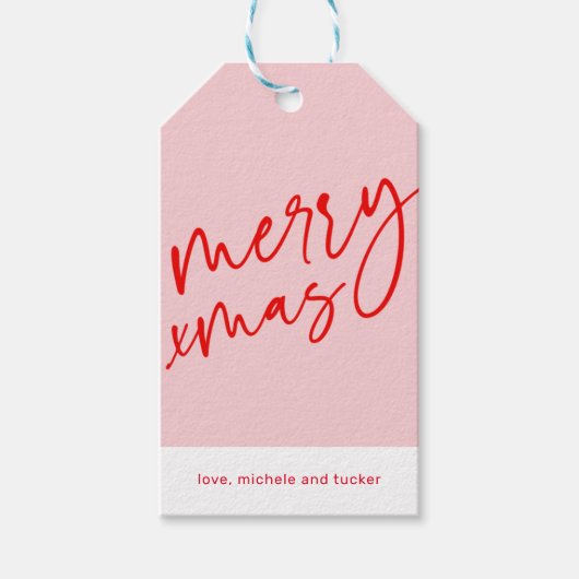 Prettig Kerstmis Rode & Roze Kerstcadeautag Cadeaulabel (Voorkant)