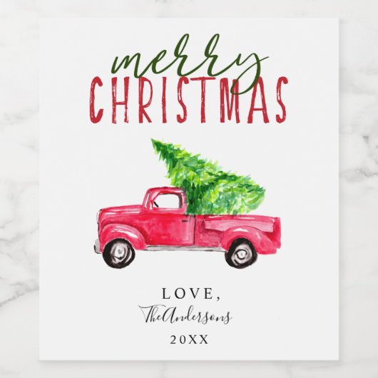 Prettig kerstmis Rode vrachtwagen Boom Vakantie Wa Wijn Etiket (Enkel label)