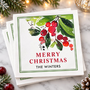 Prettig Kerstmis Rood Aquarel Bes Groen Frame Servetten