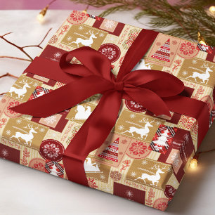 Prettig Kerstmis Rood Goud Kerstman Tartan Patchwo Cadeaupapier