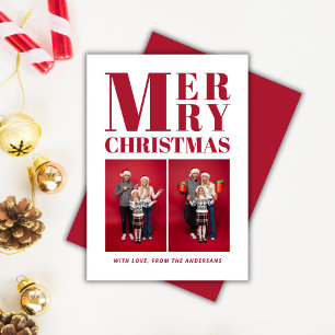 Prettig Kerstmis Rood Minimalistisch Twee Foto Feestdagenkaart