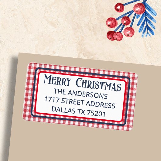 Prettig Kerstmis Rood & Wit Gingham Klad Retour Etiket