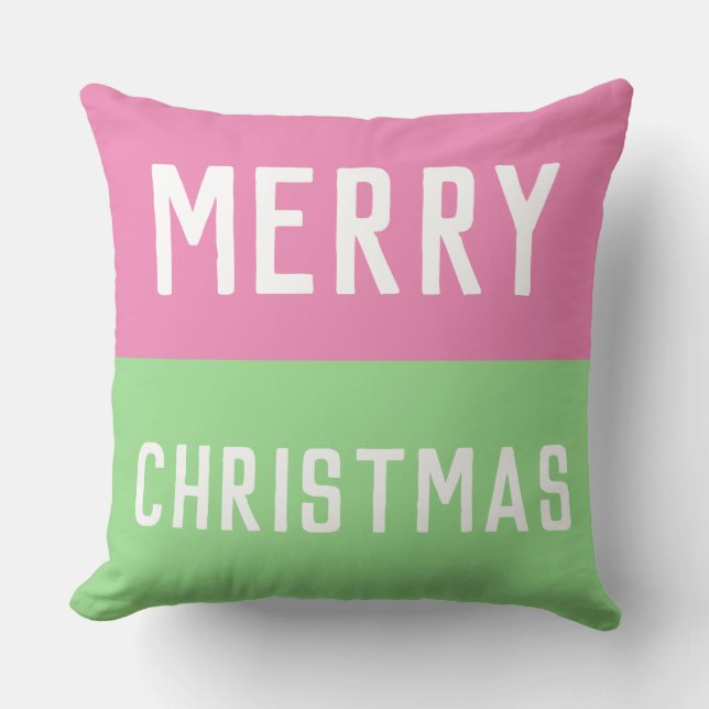 Prettig Kerstmis Roze en Groen Kussen (Voorkant)
