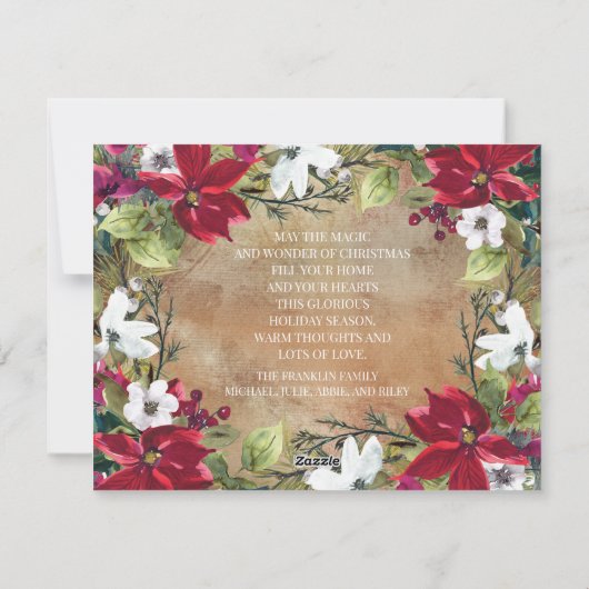 Prettig Kerstmis Rustic Gestreepte Rode Poinsettia Feestdagenkaart (Achterkant)