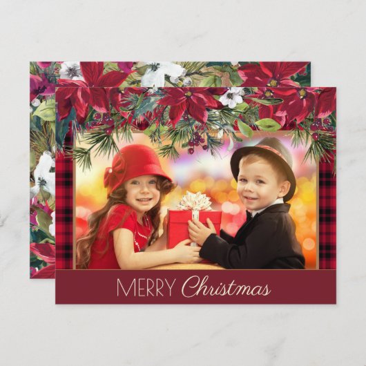 Prettig Kerstmis Rustic Gestreepte Rode Poinsettia Feestdagenkaart (Voorkant / Achterkant)