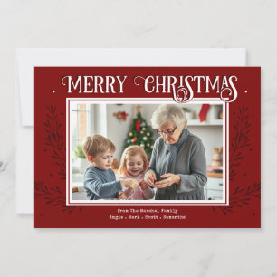 Prettig Kerstmis Rustiek Rood Familie Foto Vakanti Feestdagenkaart
