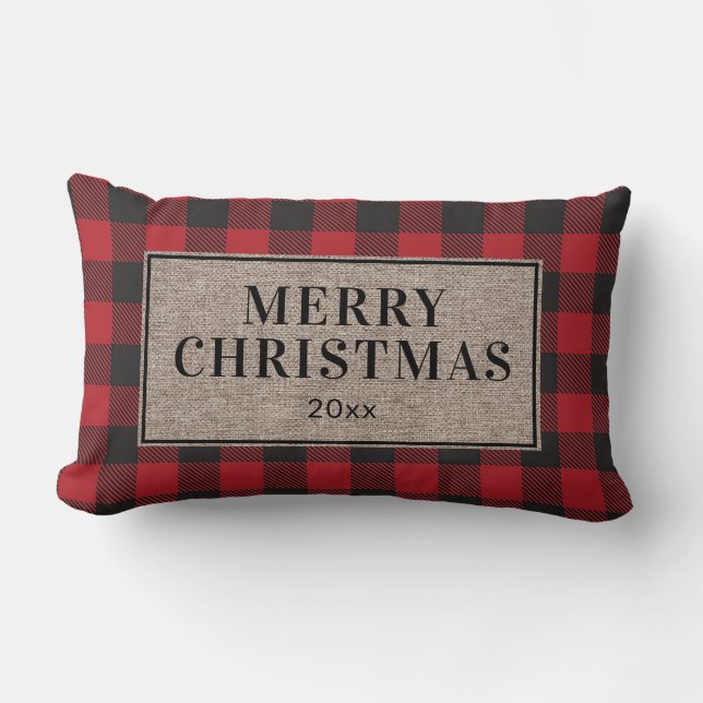 Prettig Kerstmis Rustieke Rode Buffalo Plaid Jute Kussen (Voorkant)