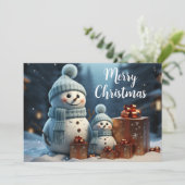 Prettig Kerstmis Schattige Sneeuwmannen en Cadeaus Feestdagenkaart (Staand voorkant)