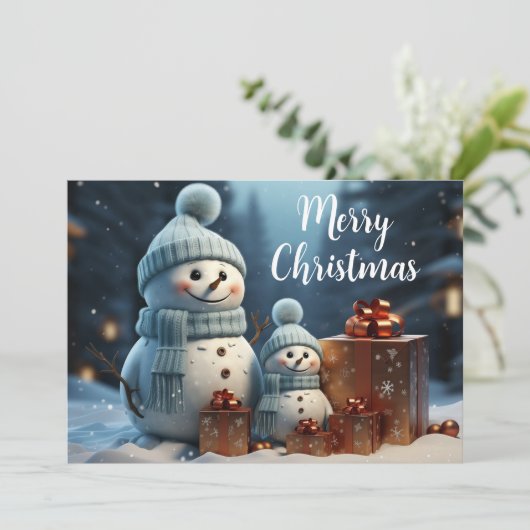 Prettig Kerstmis Schattige Sneeuwmannen en Cadeaus Feestdagenkaart (Staand voorkant)
