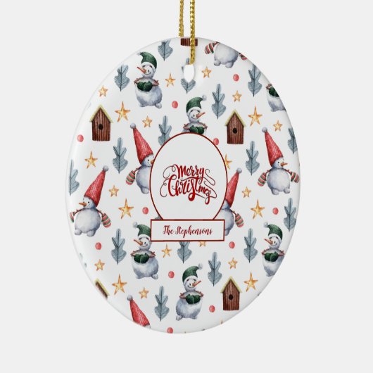 Prettig Kerstmis Sneeuwman Sneeuwvlokken Monogram Keramisch Ornament (Rechts)