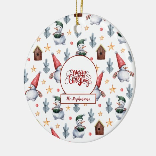 Prettig Kerstmis Sneeuwman Sneeuwvlokken Monogram Keramisch Ornament (Links)