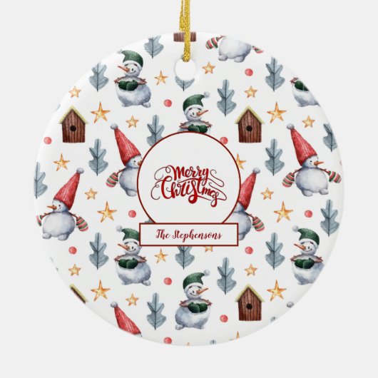 Prettig Kerstmis Sneeuwman Sneeuwvlokken Monogram Keramisch Ornament (Achterkant)
