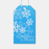 Prettig Kerstmis Stijlvolle Blauwe Sneeuwvlokken P Cadeaulabel (Voorkant)