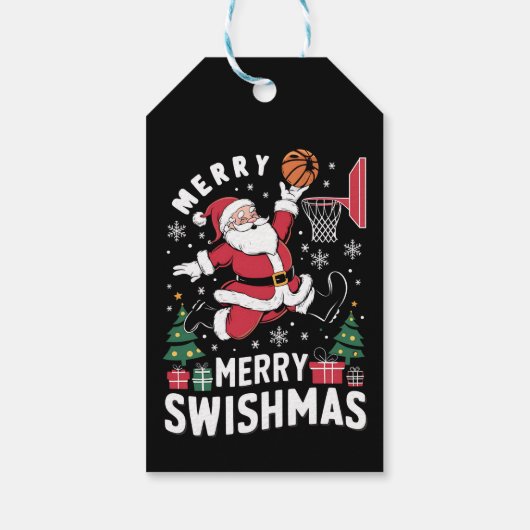Prettig Kerstmis Swishmas Kerstman Basketbal Spele Cadeaulabel (Achterkant)