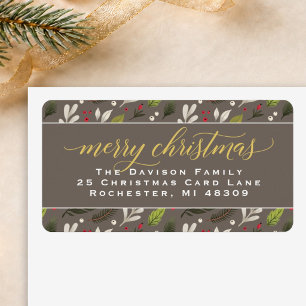 Prettig Kerstmis Taupe Goud Elegant Script Adres Etiket
