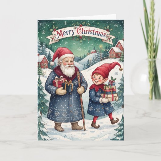 Prettig Kerstmis Vintage Kerstman En Elf Kaart (Voorkant)