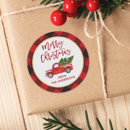Prettig Kerstmis Vrachtwagen Rood Buffalo Plaid Ronde Sticker