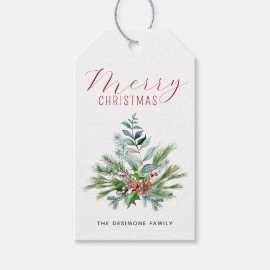 Prettig Kerstmis Waterverf Groen Bladeren Bessen Cadeaulabel (Voorkant)