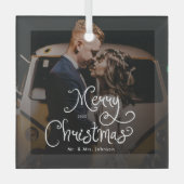 Prettig Kerstmis Whimsical Script Aangepaste foto Glas Ornament (Voorkant)