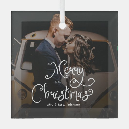 Prettig Kerstmis Whimsical Script Aangepaste foto Glas Ornament (Voorkant)
