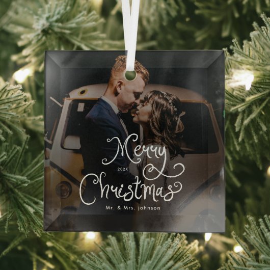 Prettig Kerstmis Whimsical Script Aangepaste foto Glas Ornament (Insitu)