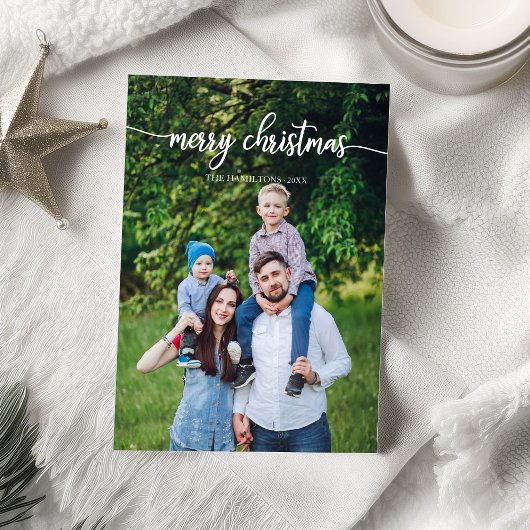 Prettig Kerstmis Witte Script Unieke Foto Kaart