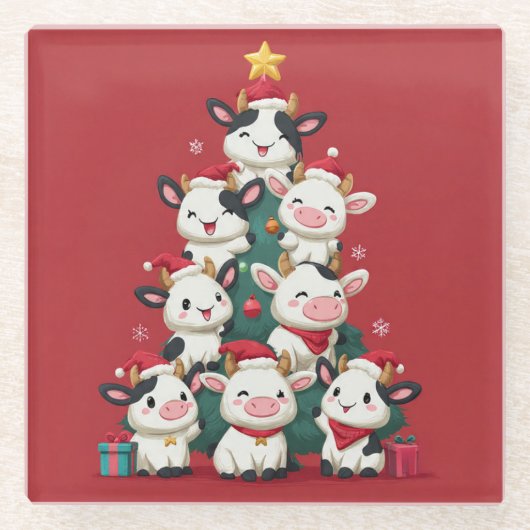 Prettig Koe Kerstfeest Glazen Onderzetter (Voorkant)