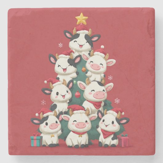 Prettig Koe Kerstfeest Stenen Onderzetter (Voorkant)