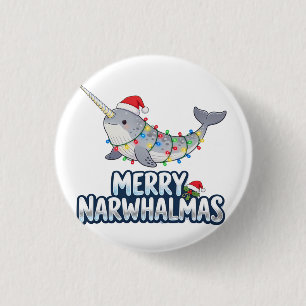 Prettig Narwhalmas met een Kerstmanhoed Kerstmis Ronde Button 3,2 Cm