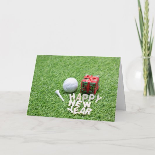 Prettig nieuwjaar met golfbal en cadeau feestdagen kaart (Voorkant)