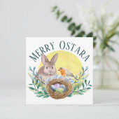 Prettig Ostara Lente Konijn & Vogelnest Feestdagenkaart (Staand voorkant)