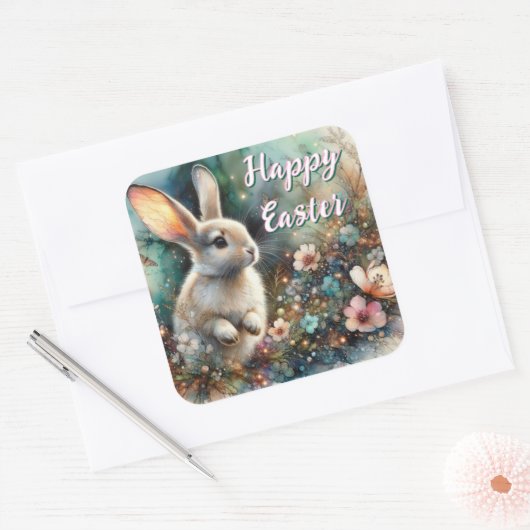 Prettig Pasen Aquarel Bos Konijn Vierkante Sticker (Envelop)
